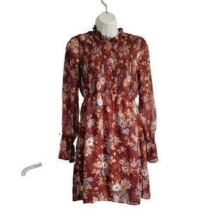 Floral print Dress Medium Cinched Waist Cottage Core Romantic Modest Lined Sheer
